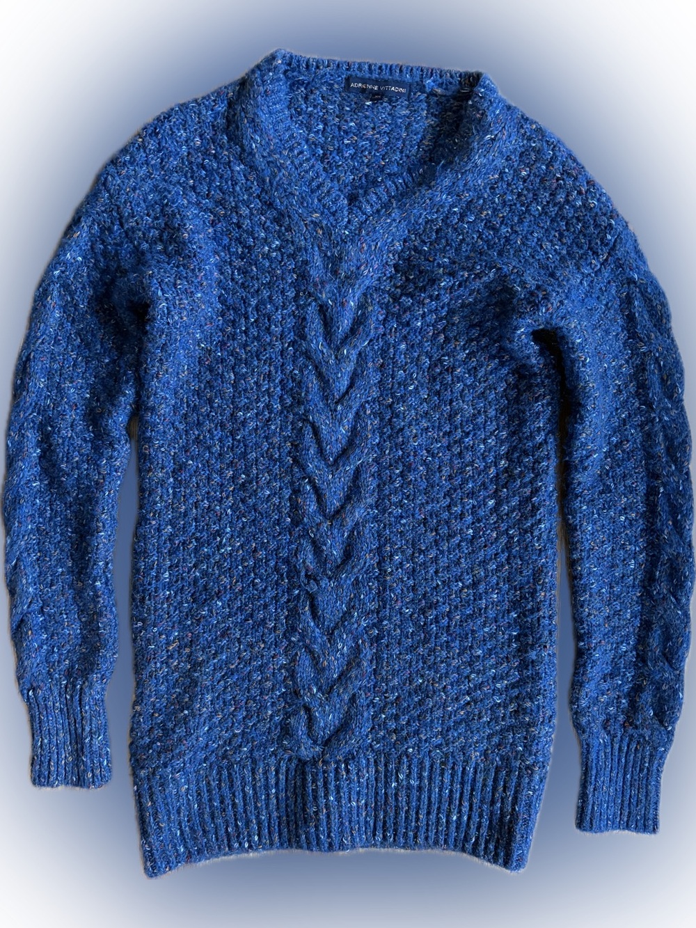Adrienne Vittadini Royal Blue Cable-Front V-Neck Sweater